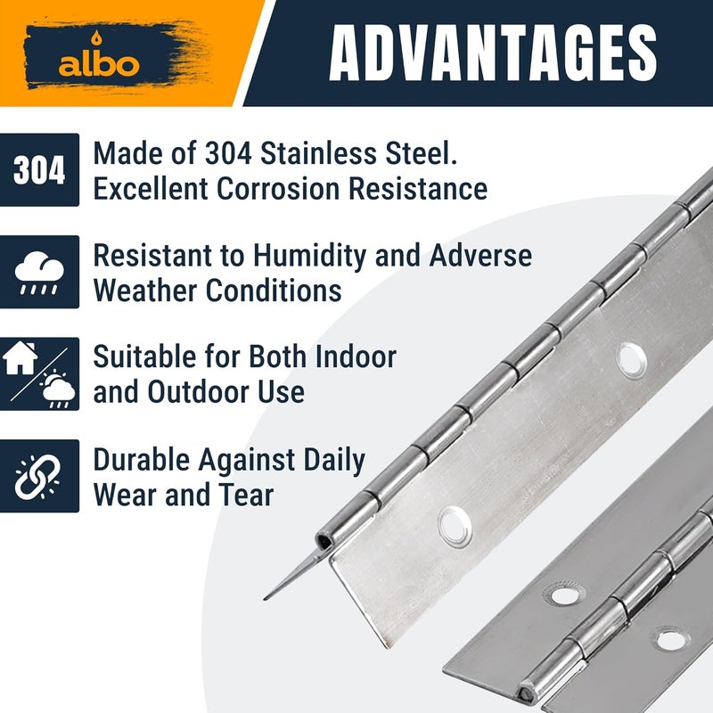 ALBO 36 Inch Silver Heavy Duty Piano Hinge Continuous Stainless Steel 304 (2-Pack), Surface Mount Cabinet Hinges Silver 36"x2" for Piano Lid, Commercial Display & Industrial Cabinet, Professional - Image 3